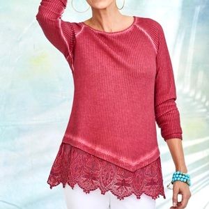 Soft Surroundings Jasmine Thermal Tunic Top Women’s Size M Scalloped Lace Hem